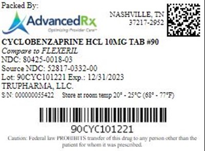 Cyclobenzaprine HCL 10mg Tab QTY 90 NDC 80425 0018